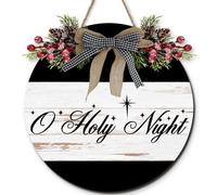 Horienteeon Letrero de madera para puerta de Navidad, letrero colgante de invierno con corona y lazo, letreros de Oh Holy Night, decoraciones de Navidad, 28 cm, letreros religiosos para regalos