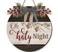 Horienteeon Letrero de Oh Holy Night, corona de letrero de Feliz Navidad, colgador de puerta rústica para puerta delantera, porche, decoraciones de Navidad de 28 cm, letreros religiosos para regalos