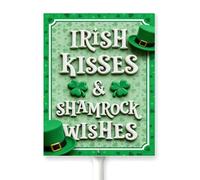 Horienteeon Letrero de patio con estaca, besos irlandeses y trébol deseos, suerte primavera, vecindario, calle, decoración de aluminio, resistente al óxido, para exteriores, fácil instalación, 7 x 8.8