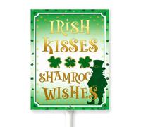 Horienteeon Letrero de patio con estaca, besos irlandeses y trébol deseos, suerte primavera, vecindario, calle, decoración de aluminio, resistente al óxido, para exteriores, fácil instalación, 7 x 8.8