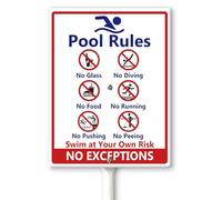 Horienteeon Letrero de reglas de piscina con texto en inglés "No Diving No Glass No Food No Pushing No Running No Peeing in Pool Swim at Your Own Risk Yard Sign with Stakes 20 × 30 cm, letreros de
