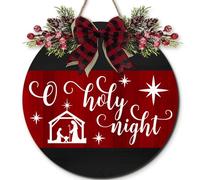 Horienteeon Letrero decorativo de Jesús para puerta delantera, corona colgante de puerta con texto "Oh Holy Night", decoración navideña para el hogar, granja, porche, 28 cm, letreros religiosos para