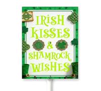 Horienteeon Letrero del día de San Patricio con estaca, besos irlandeses y trébol deseos, suerte primavera, vecindario, calle, precaución, seguridad, metal, decoración, placa de aluminio para uso en