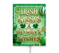 Horienteeon Letrero del día de San Patricio con estaca, besos irlandeses y trébol deseos, suerte primavera, vecindario, calle, precaución, seguridad, metal, decoración, placa de aluminio para uso en