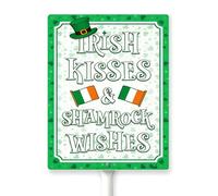 Horienteeon Letrero del día de San Patricio con estaca, besos irlandeses y trébol deseos, suerte primavera, vecindario, calle, precaución, seguridad, metal, decoración, placa de aluminio para uso en