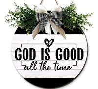 Horienteeon Letrero para puerta delantera con texto en inglés "God Is Good All The Time" de 28 cm, corona cristiana redonda rústica de madera, regalo de inauguración de la casa para todas las