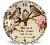 Horienteeon Reloj de pared analógico de cuarzo silencioso con texto en inglés "His Eye Is On The Sparrow Jesus" de 30 cm, funciona con pilas, reloj de pared analógico de cuarzo silencioso, estilo
