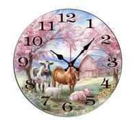 Horienteeon Reloj de pared con diseño de animales de granja de primavera, caballo, cerdo, oveja, floral, decorativo, para cocina, baño, silencioso, sin tictac, funciona con pilas, decoración redonda