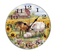 Horienteeon Reloj de pared con diseño de animales de granja de primavera, caballo, cerdo, oveja, girasol, de madera, decorativo, para cocina, baño, silencioso, sin tictac, funciona con pilas