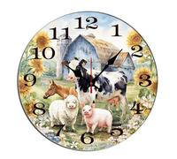 Horienteeon Reloj de pared con diseño de animales de granja de primavera, caballo, cerdo, oveja, girasol, decoración de madera, decoración de cocina, reloj decorativo con pilas para sala de estar