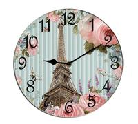 Horienteeon Reloj de pared con diseño floral de la Torre Eiffel para el baño, silencioso, no hace tictac, reloj decorativo, funciona con pilas, para decoración del hogar, oficina, sala de estar