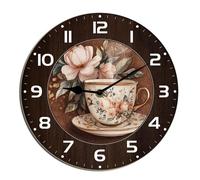 Horienteeon Reloj de pared de café con cacao caliente por la tarde, té, café de madera, silencioso, sin tictac, funciona con pilas, relojes rústicos decorativos para sala de estar, dormitorio, oficina