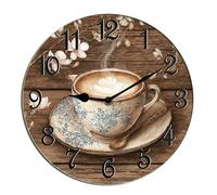 Horienteeon Reloj de pared de café con cacao caliente por la tarde, té, café, madera, decorativo, funciona con pilas, reloj colgante silencioso de cuarzo para dormitorio, sala de estar, cafetería