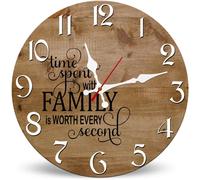 Horienteeon Reloj de pared de madera de 30 x 30 cm, el tiempo pasado con la familia vale la pena cada segundo, silencioso, sin tictac, decoración de granja para cocina y sala de estar, redondo