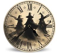 Horienteeon Reloj de pared de madera de tres brujas de 25 cm, funciona con pilas, sin tictac, redondo, decoración de Halloween, para oficina, sala de estar, dormitorio o cocina