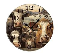 Horienteeon Reloj de pared redondo de vaca de animales de granja, 25,4 cm, diseño de vacas en valla, decorativo, de madera, funciona con pilas, reloj colgante silencioso para dormitorio, sala de estar
