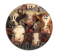 Horienteeon Reloj de pared redondo de vaca de animales de granja de 12 pulgadas en valla decorativo de madera silencioso, sin tictac, funciona con pilas, rústico, relojes de cocina decorativos para