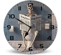 Horienteeon Reloj de pared silencioso de 25 cm con diseño de esqueleto de periódico, funciona con pilas, reloj decorativo vintage de Halloween para cocina, sala de estar, dormitorio, baño