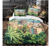 Horizonte de Barcelona Impresión 3D 3 Piezas Funda de colchón Paisaje Urbano Art déco Funda de edredón Microfibra Transpirable antiácaros para niños Adolescentes Mujeres Single (135x200cm)
