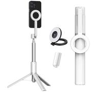 Horizum Magnetic Phone Tripod, 55/66" Extendable Selfie Stick with Wireless Remote with Light, Portable Travel Tripod for Video Recording, Selfie, Live Streaming (White+Light,1.7 Meters)