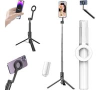 Horizum Magnetic Phone Tripod, 55/67" Extendable Magnetic Selfie Stick Tripods with Bluetooth Remote and Light, 360° Rotation Phone Stand for Video Recording and Vlogging (White,55in)