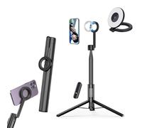 Horizum Magnetic Phone Tripod, 7" Extendable Selfie Stick with Wireless Remote for iPhone with Light, 360°Rotation Phone Stand for Video Recording, Selfie, Live Streaming (Black with Light)