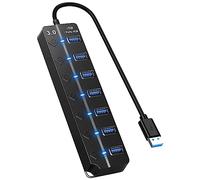 HORJOR Hub USB 3.0 7 Puertos con Interruptor Separado y LED, Multi Puerto USB Hub Alimentado Adaptador para Transferencia de Datos y Carga rápida