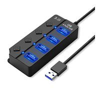 HORJOR Hub USB 3.0 - Divisor USB Multi con Interruptor Separado y Luces LED, 4 Puertos USB Hub Alimentado, para Transferencia rápida de Datos y Carga