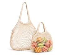 Horktrust 2 Bolsas de Red Reutilizables, Bolsas de Malla Algodón-Poliéster Beige, Bolsa de Compra Plegable con Asas Largas y Cortas, para Frutas Verduras Pan Playa Mercado