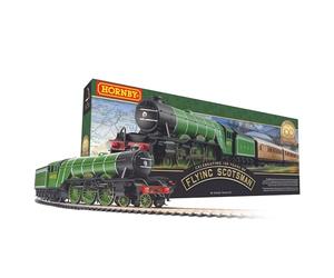 Hornby R1255M Flying Scotsman Train Set - Modelo de ferrocarril analógico de calibre OO, incluye: locomotora, 3 vagones, pista de arranque ovalada, juegos de tren modelo eléctrico de arranque - escala
