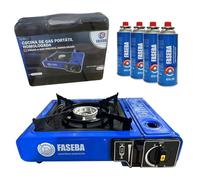 Hornillo camping gas portatil y 4 cartuchos de gas butano BTN 250 FASEBA. Cocina homologada, ideal para camping y uso en exteriores.