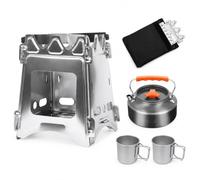 Hornillo Camping Leña Plegable, Lujo + hervidor + 2 tazas, 16 cm | Paneles acero articulados, Estufa manual para acampada, r comidas , Para cocineros al libre