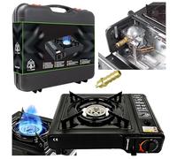 Hornillo de camping 2 en 1 de gas, hornillo de gas portátil con encendido piezoeléctrico, 2500 W de potencia, para cartucho y botella de gas, incluye maletín de transporte y protección contra el