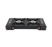 Hornillo de camping con 2 fuegos, 2 x 2500 W, hornillo de gas portátil de 63 x 26 x 12 cm, dispositivo de mesa con encendido piezoeléctrico, pieza de conexión y bolsa de transporte para camping y