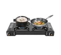 Hornillo de camping con 2 fuegos, cartuchos de gas, cocina para camping con parrilla, maletín de almacenamiento y bloqueo de seguridad, placa de cocina de gas para exterior e interior