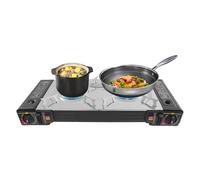 Hornillo de camping con cartucho de gas, 2 fuegos, 2500 W, color negro | Barbacoa de mesa de gas, mini parrilla de gas, portátil, para camping, exterior e interior, fácil limpieza