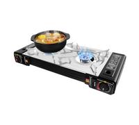 Hornillo de camping de 2 fuegos con molde, encendido automático y potencia de 4,4 kW, incluye manguera, bolsa de almacenamiento para bolsa de transporte (botella de gas no incluida)