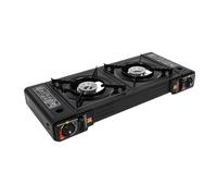 Hornillo de camping doble con parrilla y caja de transporte, cocina de gas de 2 quemadores, hornillo de gas portátil para exteriores, camping, picnic y jardín, con válvula de seguridad y encendido con