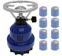 Hornillo de camping E190 | Set de cocina de gas de metal + cartuchos | estufa de gas | camping, accesorios de emergencia: modelo: azul + 8 cartuchos de gas