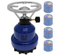 Hornillo de camping E190 | Set de cocina de gas de metal y cartucho de gas de Stechgas | estufa de gas | camping, accesorios de emergencia: modelo: azul + 4 cartuchos de gas