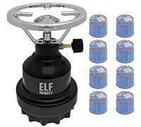 Hornillo de camping E190 | Set de cocina de gas de metal y cartucho de gas de Stechgas | estufa de gas | camping, accesorios de emergencia: modelo: negro + 8 cartuchos de gas