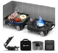 Hornillo de camping profesional de 2 quemadores, 7000 W, estufa de gas plegable con protección contra el viento y placa de barbacoa, hornillo de camping para camping, autocaravana, senderismo y cocina