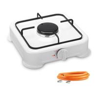 Hornillo de Gas 1 Fuego Cocina Portátil + Manguera de Presión Estufa para Camping, Playa, Jardin y Hogar 28x28x7cm, Color Blanco