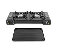 Hornillo de gas 2 en 1, hornillo de camping con parrilla, 2 quemadores, hornillo de camping, barbacoa de balcón con maletín portátil, para exterior e interior, hornillo de gas de camping con encendido