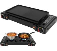 Hornillo de gas 2 en 1 para camping, 2 fuegos, 2 x 2500 W, con parrilla, encendido piezoeléctrico automático y maletín de almacenamiento, parrilla de gas portátil para butano/LPG, ideal para