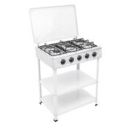 Hornillo de gas con 5 fuegos, cocina de gas independiente, con soporte para patas de apoyo y cubierta de bloqueo de viento, para camping, viajes, senderismo, 2500 W, color blanco