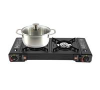 Hornillo de gas de 2 quemadores, 2500 wx2, 100 g/h, hornillo portátil de butano, barbacoa de camping al aire libre, doble gas con maletín de transporte, para exteriores, pícnics, camping, 63 x 26 x 12