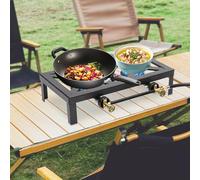 Hornillo de gas de 2 quemadores para bombona de gas, portátil, estufa de gas de hierro fundido, quemador wok para camping al aire libre con patas de pie, manguera y reductor de presión