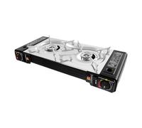 Hornillo de gas de camping de 2 quemadores, portátil, 2500 W, 2 en 1 con plancha y bolsa de transporte, barbacoa de gas para camping, viajes, trekking