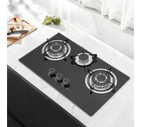 Hornillo de gas de cristal con 3 quemadores, estufa de gas para GLP/GN, incluye soporte para ollas, marco esmaltado y cabezal de horno de aluminio, negro